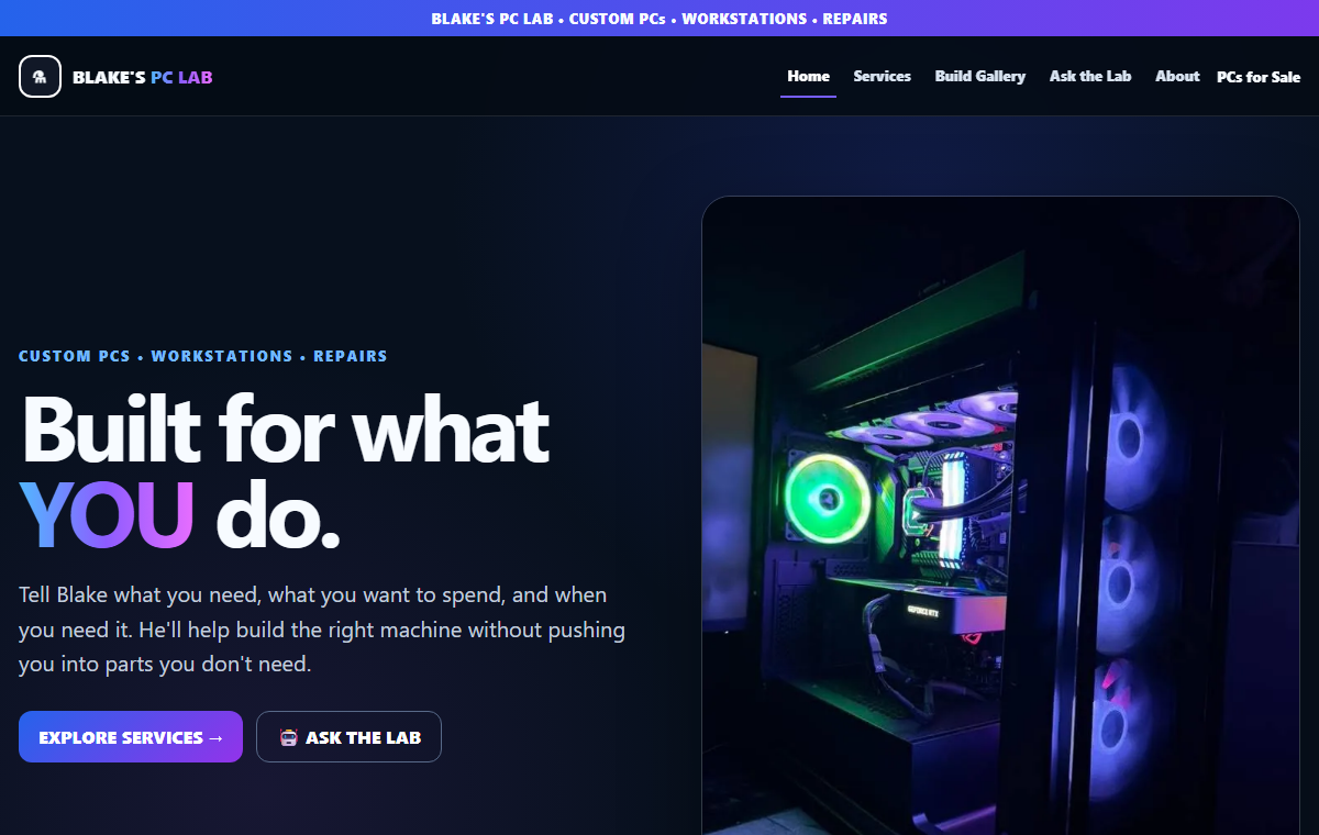 Home view of the Blake’s PC Lab website.