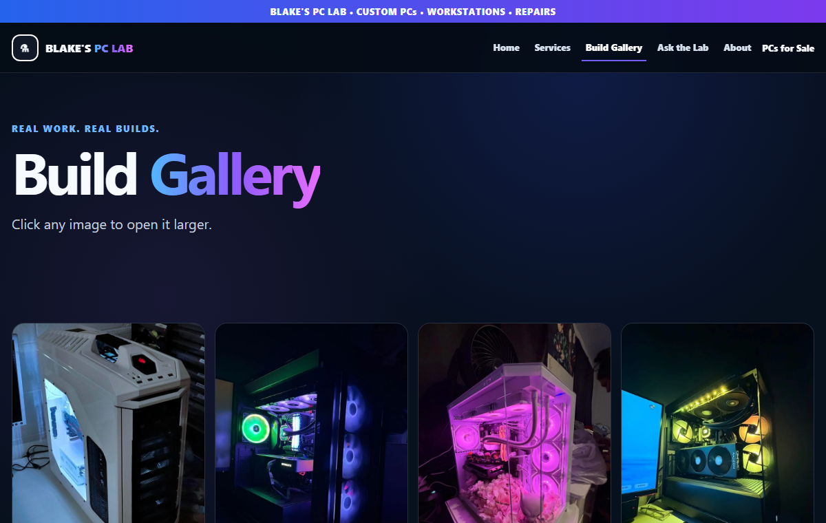 Gallery view of the Blake’s PC Lab website.