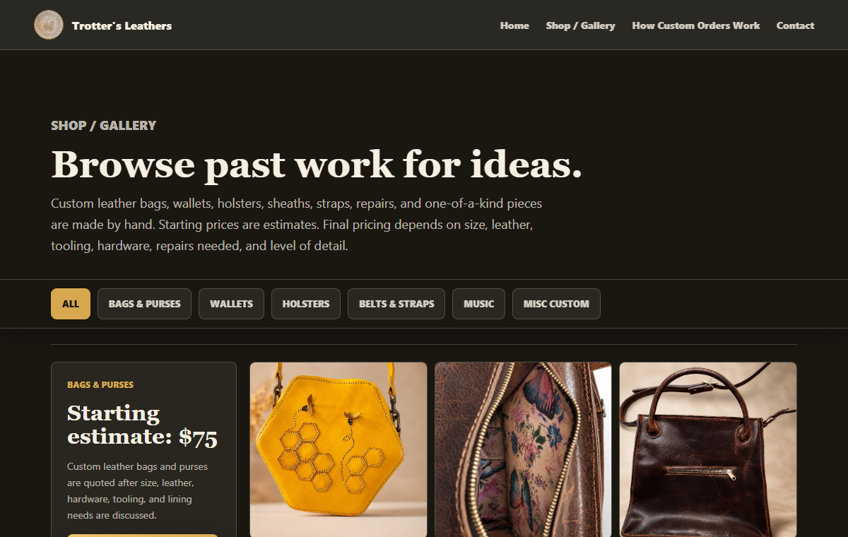 Shop / Gallery view of the Trotter’s Leathers website.