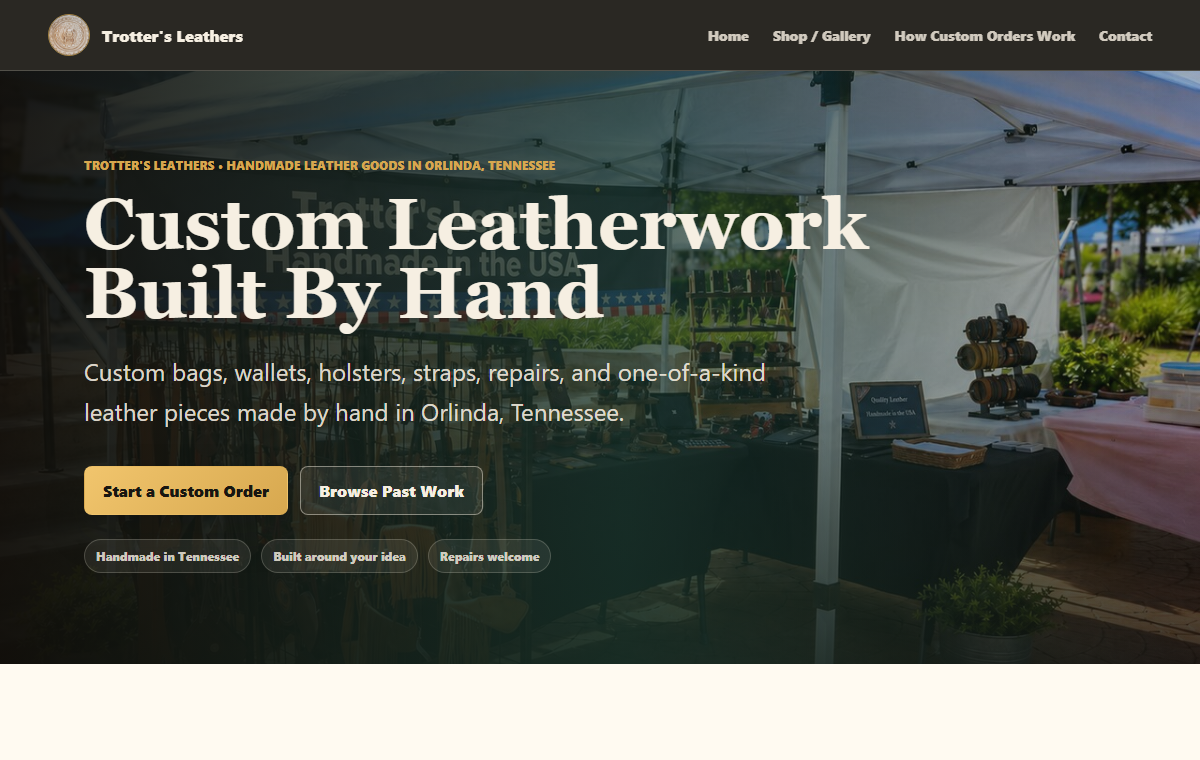Home view of the Trotter’s Leathers website.