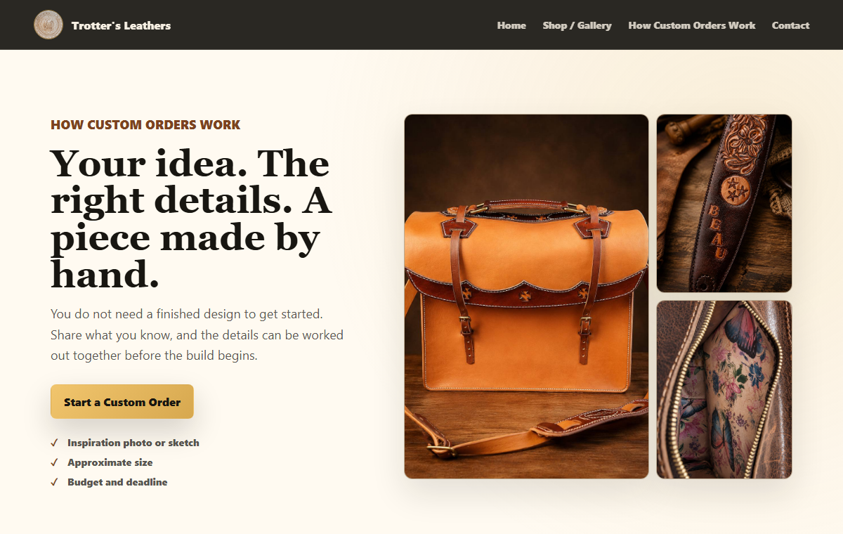 Custom Orders view of the Trotter’s Leathers website.