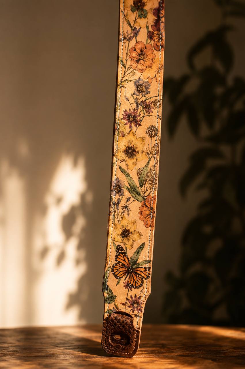 Floral carved leather guitar strap from the Trotter’s Leather client project